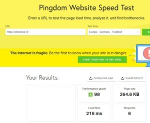 De testresultaten van Onze Website OnlineLive met Pingdom